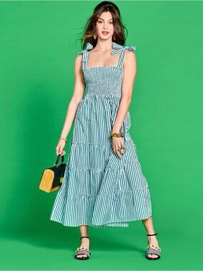 Maxwell & Geraldine The Brooke Green Stripe Smocked Tiered Midi Dress